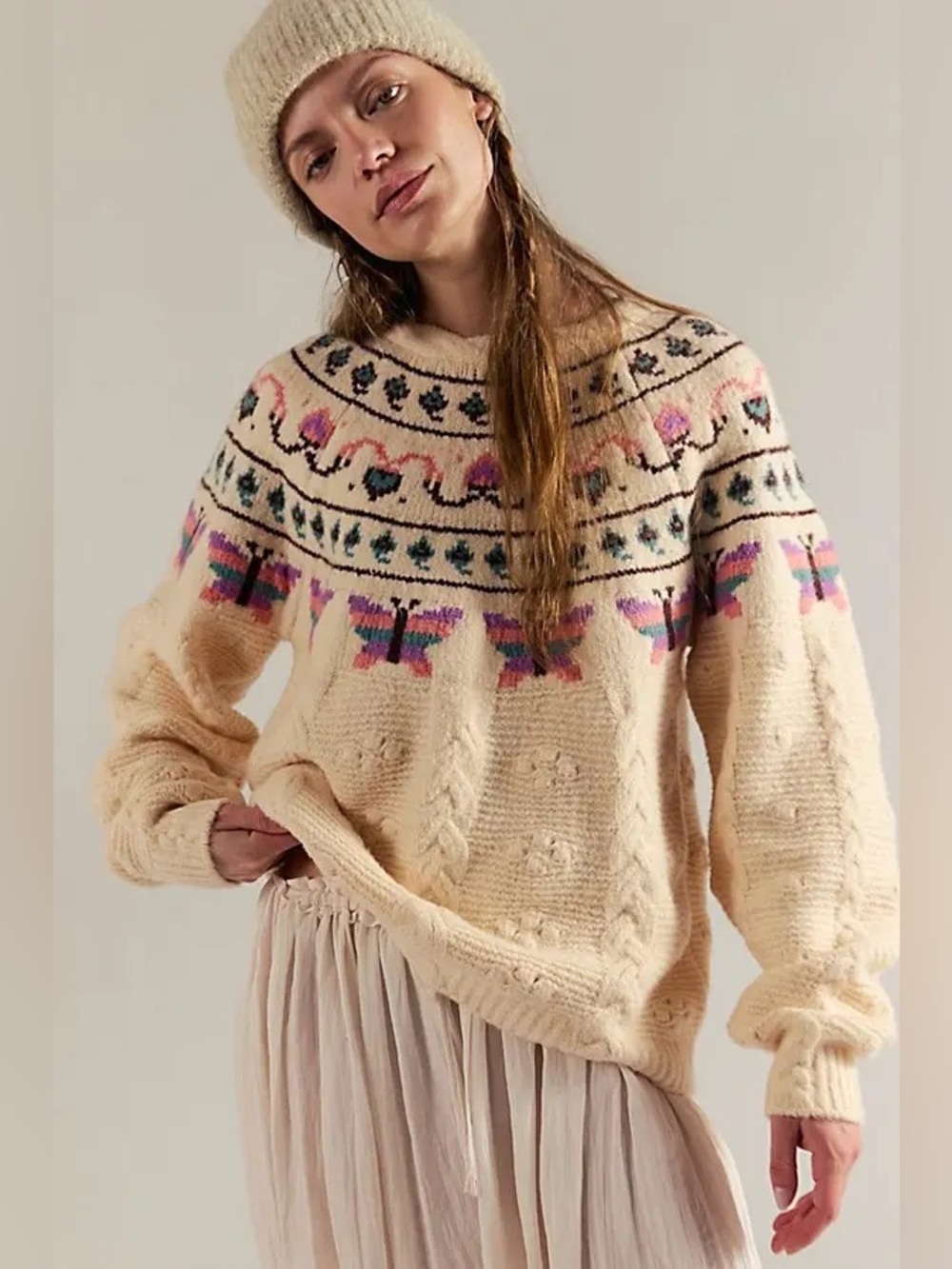 Free People Blooming Bobbles Knit Sweater~Neutral Combo 🦋